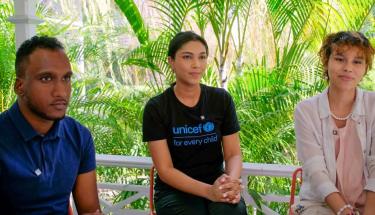 UN News/Brianna Rowe Joshua Prentice (left), Priyanka Lalla (centre) and Zaafia Alexander are Trinidadian climate activists.