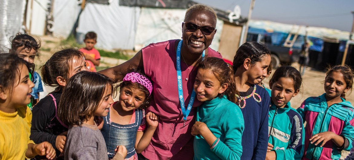 ©UNICEF/Diego Ibarra Sanchez UNICEF Goodwill Ambassador Angelique Kidjo engages with children in the Housh el Refka informal settlement, in Lebanon's Bekaa Valley.