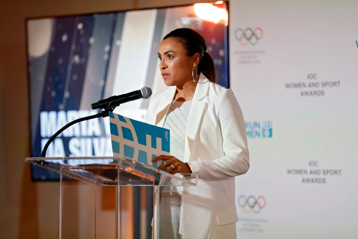  Brazilian soccer player Marta Vieira da Silva giving a speech at the CSW63 – 2019 IOC Women and Sport Award Ceremony. Marta is UN Women Goodwill Ambassador for women and girls in sport. Photo: UN Women/Ryan Brown.