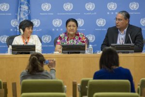 Press Conference on securing the rights and contributions of Indigenous Peoples in the 2030 Agenda. Picture, left to right: Joan Carling, UNPFII Expert Member, Philippines; Otilia Lux De Coti, Fondo Indigena, Guatemala; Roberto Borrero, International Indian Treaty Council and Indigenous Peoples Major Group, 