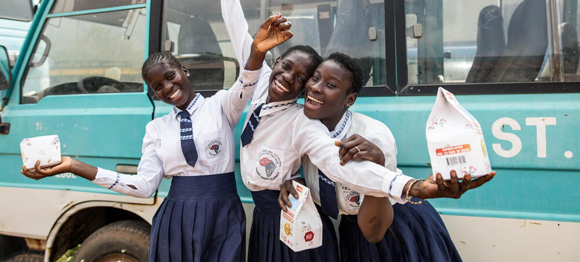 © UNFPA The Gambia Isatou, Mariama, and Fatoumatta no longer have to stop going to classes during their periods, thanks to a UNFPA programme that supports production and free distribution of reusable sanitary pads, including for girls at St. John's School for the Deaf in Banjul, The Gambia.