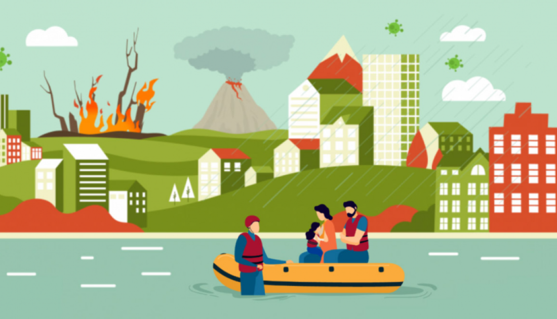 Artistic impression of people in a flooded city being rescued by an Inflatable boat
