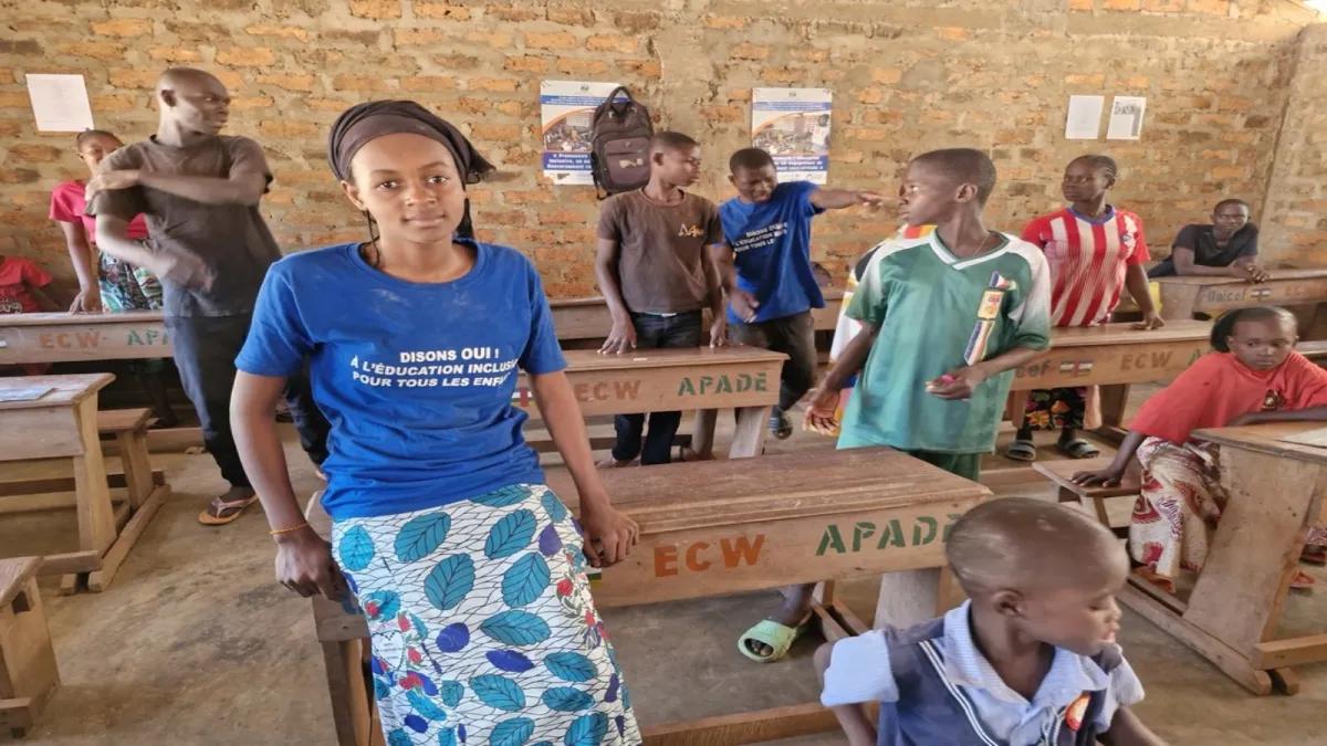 UNICEF/ Testa 2025 Zénabou, a deaf teenager in the Central African Republic, in her classroom.