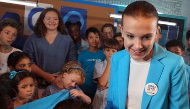 UNICEF/UN0248272/Clarke UNICEF supporter Millie Bobby Brown in New York on the set of a video produced for World Children's Day 2018.