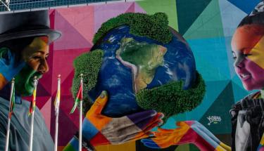 UN Photo/Rick Bajornas A view of the Eduardo Kobra mural at UN Headquarters.