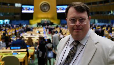 © L’Arche/Warren Pot Nick Herd in the UN General Assembly Hall.