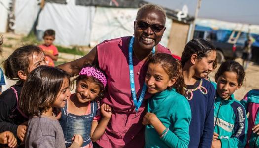 ©UNICEF/Diego Ibarra Sanchez UNICEF Goodwill Ambassador Angelique Kidjo engages with children in the Housh el Refka informal settlement, in Lebanon's Bekaa Valley.